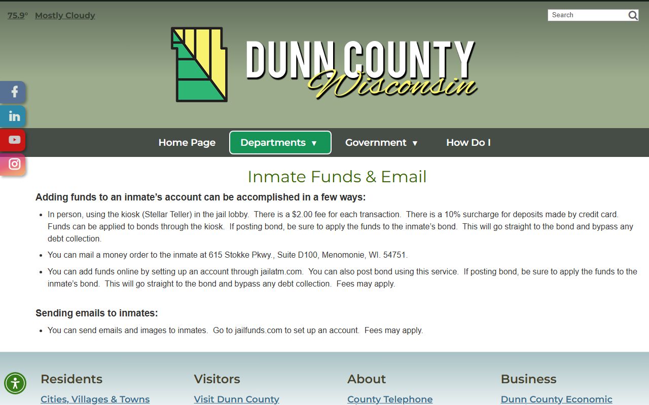 Dunn County inmate funds and email web page