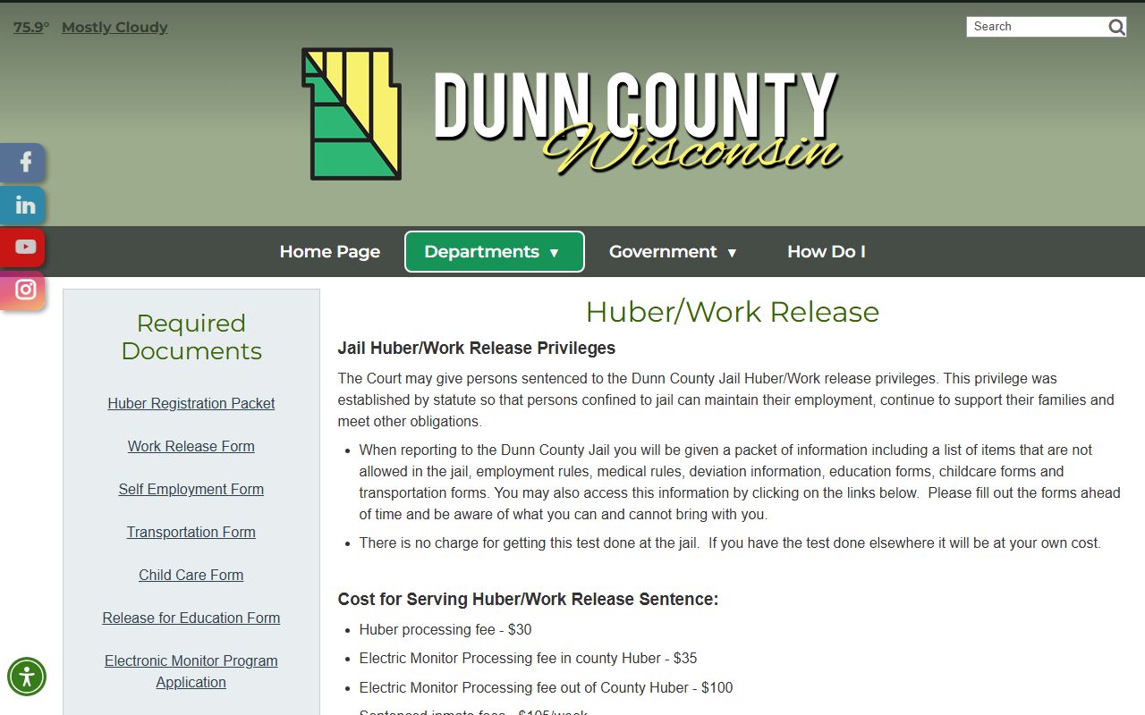 Dunn County Huber work release web page