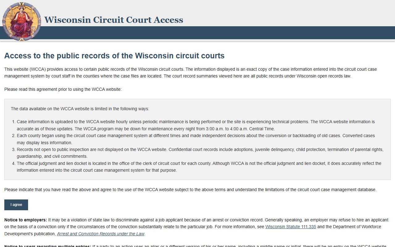 Wisconsin Circuit Court Access case search page